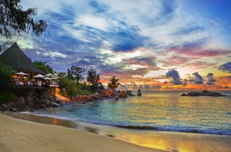 Amazing Place - sea, trees, sunset, beach