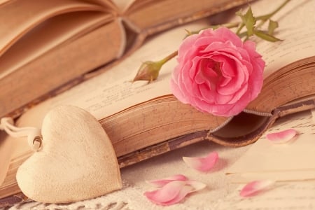 Little heart and pink rose - rose, heart, still life, book