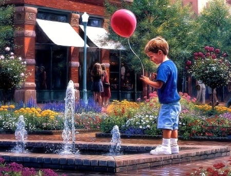 Boy with a Red Balloon - lovely, kids, balloon, spring, fountains, love four seasons, boy, paintings, flowers, garden