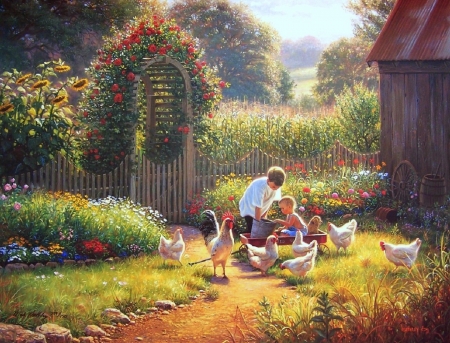 The Kids in the Yard - kids, beautiful, paintings, spring, children, lovely, hens, flowers, garden, yard, love four seasons, houses