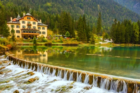 Summer Alpine Lake - waterfalls, summer, Italy, beautiful, hotel, forest, mountains, lakes