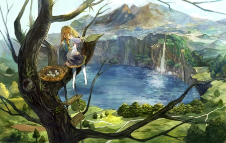 A Beautiful Spectacle - eggs, anime, chicken, waterfall, girl, landscape, tree