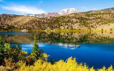 The nature of California - hills, water, beautiful, boat, Calofornia, crystal, mountain, river, shore, nature, lake, sky