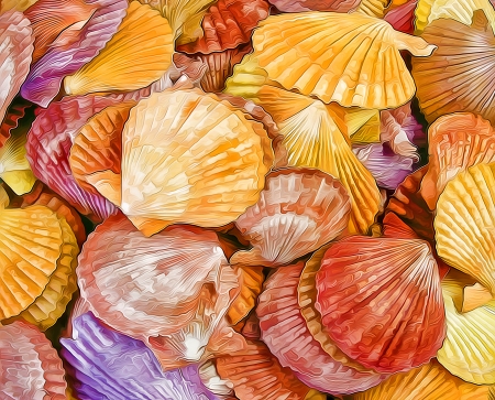 Shells - summer, poster, painting, art, purple, yellow, red, orange, shell, texture