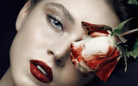 Beauty - girl, eye, beauty, flower, black, make-up, white, red, woman, model, rose, face