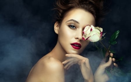 Beauty - red, flower, make-up, rose, black, beauty, model, girl, white, woman