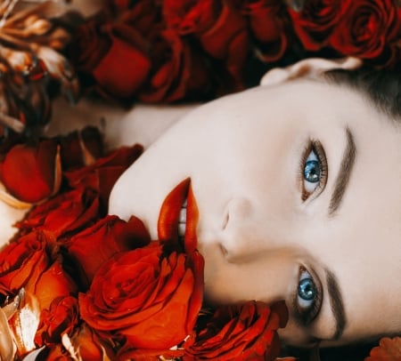 Beauty - face, red, flower, make-up, rose, beauty, model, girl, blue eyes, woman