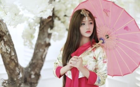 Beauty - girl, flower, pink, white, umbrella, woman, model, asian, japanese