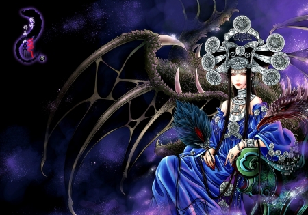 Dragon lady - anime, bat, dragon lady, wing, blue, queen, girl, manga, fantasy, throne, qianyu, purple, woman