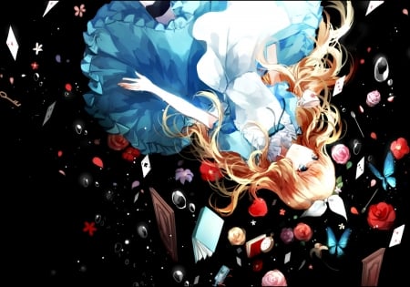 Alice - anime, blue, dress, flower, black, manga, white, red, butterfly, rose, alice, card, art