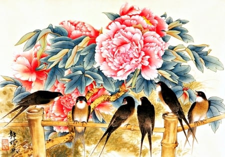 Spring - bird, chinese, spring, fence, flower, pink, black, peony, white, painting, swallow, art