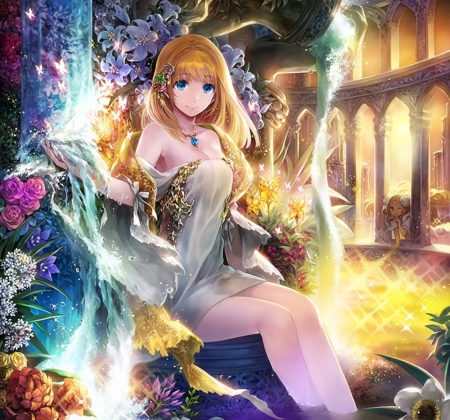 Fountain of Life - anime, yellow, female, fountain, dress, light, pink, long hair, flowers, fantasy woman, abstract, water, beautiful, girl, blonde hair, beauty, glow, fantasy, white, lady, woman, peaceful