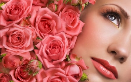 Roses N Girl - lips, flowerrs, girl, roses