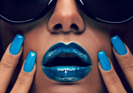 Blue - woman, lips, summer, sunglasses, make-up, mouth, face, hand, lipstick, blue, nails