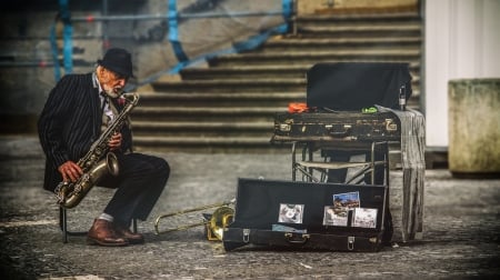 Street Musician - street, musician, sax, man, trombone, photography, music, instrument