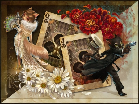 Bonnie and Clyde - dressed, pistols, flowers, artwork, cats, frames