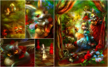 Alice in Wonderland - wonderland, blue, collage, dress, child, shu, red, art, rabbit, girl, flower, cat, fantasy, green, chess, rose, cute, alice