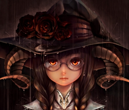 Witch - glasses, bouno satoshi, cute, anime, girl, manga, art, witch, hat, horns