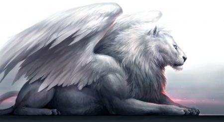 Griphon - lion, wings, fantasy, griphon, white, art, grey, creature, sandara, feather