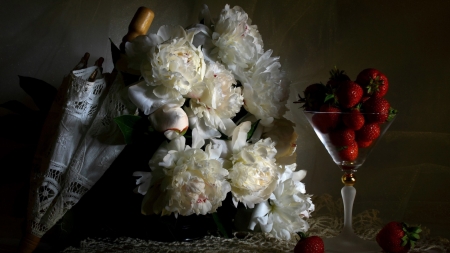 Still Life - glass, strawberries, umbrella, artwork, flowers