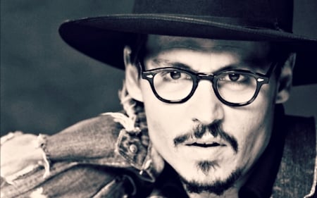 Johnny Depp - white, hat, glasses, man, blue, actor, johnny depp, black