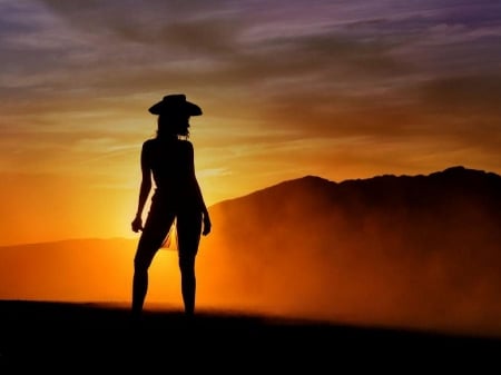 Cowgirl Silhouette - girls, women, style, fun, silhouette, models, female, fashion, cowgirls, boots, hats, western, sunsets