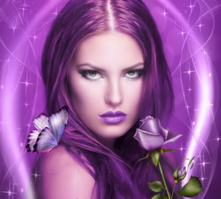 PURPLE - lips, female, hair, eyes, rose, face, purple, butterfly, flower