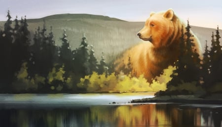 Spirit Of The Woods - painting, fall, lake, woods, bear