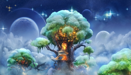 Fantasy TreeHouse - fantasy, water, stars, treehouse