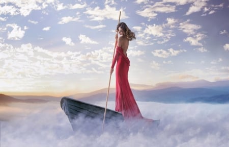 Crossing over - woman, red dress, boats, model