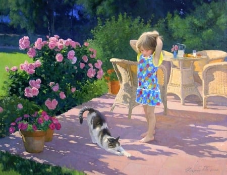 Morning in the Garden - pretty, kids, little girl, paintings, lovely, cat, flowers, girls, garden, love four seasons