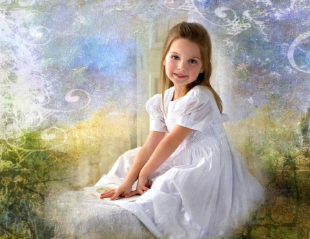 Girl in White Dress - girls, pretty, white dress, kids, little girl, paintings, lovely, love four seasons