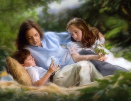 Mother & Children - love four seasons, pretty, mother, little girl, garden, children, lovely, kids, paintings