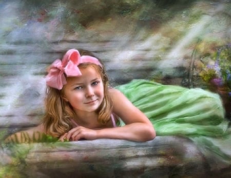 Girl with Pink Bow - pretty, kids, little girl, paintings, lovely, girls, green dress, love four seasons, pink bow