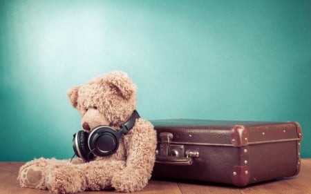 Traveler - headphones, still life, toy, holiday, bear, vacation, suitcase, teddy, photography, music