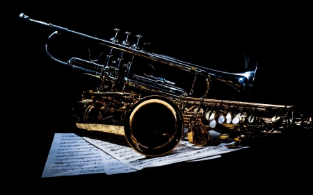 Jazz Instruments - saxophone, photography, jazz, still life, sheets, music, trumpet, wind, instruments, copper