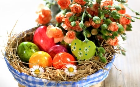 Happy Easter! - carnation, heart, yellow, decoration, spring, flower, easter, nest, red, green, egg