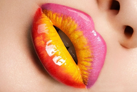 Colorful lipstick - woman, mouth, lips, yellow, pink, red, colorful, glossy