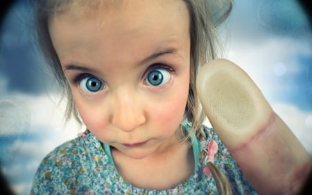 Click! - blue, finger, touchscreen, girl, eyes, child, funny, cute, face, little