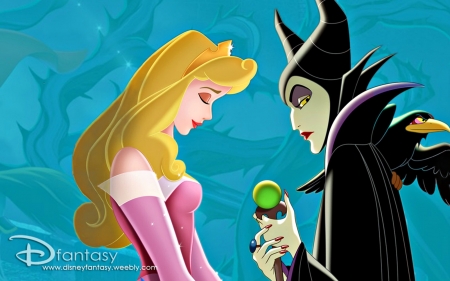 Sleeping Beauty - bird, raven, blonde, pink, evil, dark, aurora, princess, queen, girl, witch, black, fantasy, woman, disney, couple, sleeping beauty