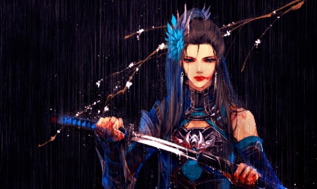 Warrior girl - ibuki satsuki, sword, rain, black, blood, spring, samuray, anime, girl, blue, art, warrior, fantasy, water drops, vampire, woman