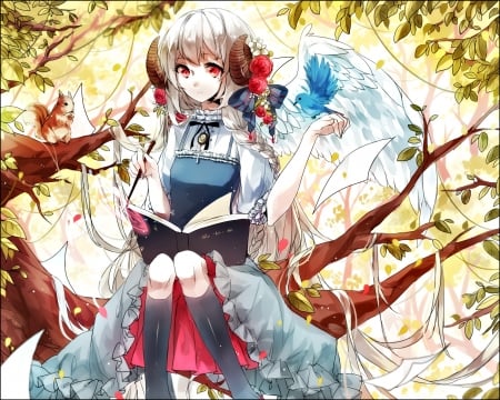 Spellbook - spellbook, in the tree, bird, anime, girl, blue, manga, wings, white, pixiv, angel, horns