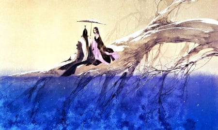 Lovers - ibuki satsuki, blue, girl, chinese, love, man, tree, fantasy, umbrella, couple, art, asian, lovers