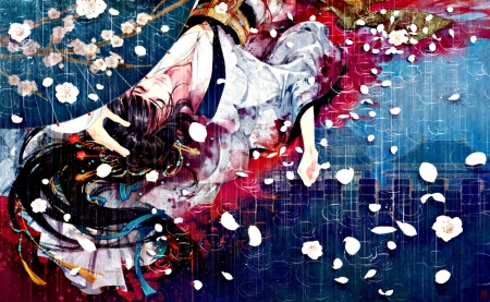 In the rain - woman, girl, rain, water drops, ibuki satsuki, water, japanese, fantasy, art, red, petals, blue, umbrella, anime, chinese