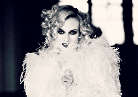 Diane Kruger - blue, girl, actress, fur, black, retro, white, vintage, woman, Diane Kruger