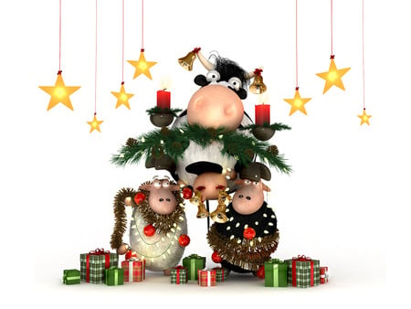 Sheep's Christmas Party - animal, sheep, cute, stars, christmas, presents, holiday, hanging, decorations