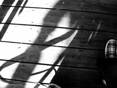 Decked Shoes - sunlight, wooden, deck, black and white, shadow