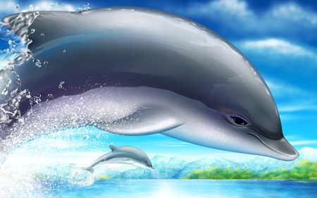 dolphins playing in the water - sea, dolphins, art