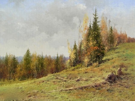 AUTUMN TREES - hill, painting, art, autumn, trees