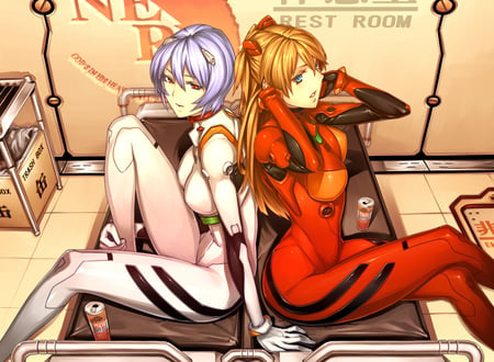 Rei and Asuka in their Plugsuits